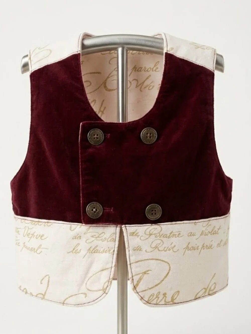 Kids Double-Breasted Velvet & Cotton Vest in Brown and Cream Sz 100